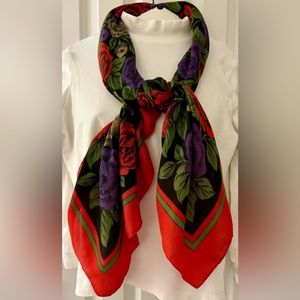 Large scarf floral roses woman’s 43.5x45” square red, purple, green, black GUC